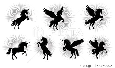 Black Solid Magic Burst Unicorn Silhouettes Set of Six on White Background 138760902
