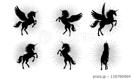 Black Solid Magic Burst Unicorn Silhouettes Set of Six on White Background 138760904