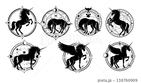 Black Solid Magic Circle Unicorn Silhouettes Set of Six on White Background Black Solid Magic Circle Unicorn Silhouettes Set of Six on White Background 138760909