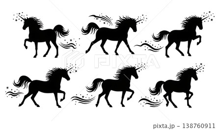 Black Solid Magic Spark Unicorn Silhouettes Set of Six on White Background Black Solid Magic Spark Unicorn Silhouettes Set of Six on White Background 138760911