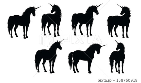 Black Solid Majestic Standing Unicorn Silhouettes Set of Six on White Background Black Solid Majestic Standing Unicorn Silhouettes Set of Six on White Background 138760919