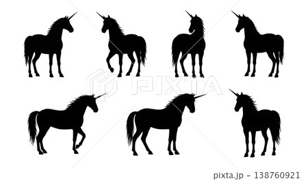 Black Solid Majestic Standing Unicorn Silhouettes Set of Six on White Background Black Solid Majestic Standing Unicorn Silhouettes Set of Six on White Background 138760921