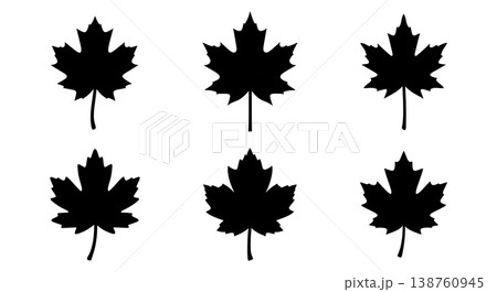 Black Solid Maple Leaf Variety Silhouettes Set of Six on White Background 138760945
