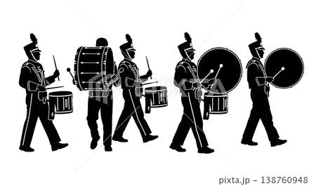 Black Solid Marching Drummer Silhouettes Set of Six on White Background Black Solid Marching Drummer Silhouettes Set of Six on White Background 138760948