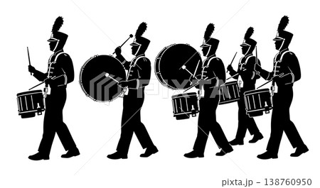 Black Solid Marching Drummer Silhouettes Set of Six on White Background Black Solid Marching Drummer Silhouettes Set of Six on White Background 138760950