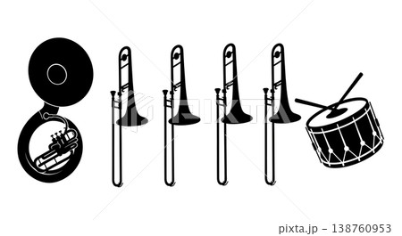 Black Solid Marching Band Silhouettes Set of Six on White Background Black Solid Marching Band Silhouettes Set of Six on White Background 138760953