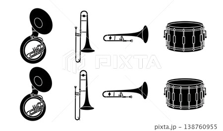 Black Solid Marching Band Silhouettes Set of Six on White Background Black Solid Marching Band Silhouettes Set of Six on White Background 138760955