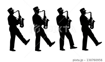 Black Solid Marching Saxophonist Silhouettes Set of Six on White Background Black Solid Marching Saxophonist Silhouettes Set of Six on White Background 138760956