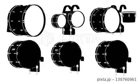 Black Solid Marching Drum Silhouettes Set of Six on White Background 138760961