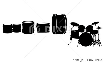 Black Solid Marching Drum Silhouettes Set of Six on White Background 138760964