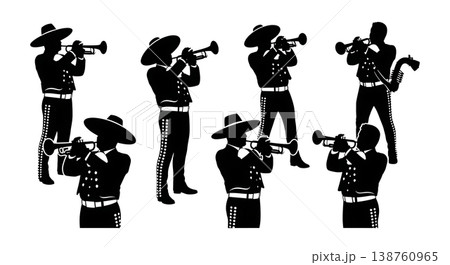 Black Solid Mariachi Trumpeter Silhouettes Set of Six on White Background 138760965