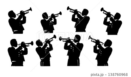 Black Solid Mariachi Trumpeter Silhouettes Set of Six on White Background Black Solid Mariachi Trumpeter Silhouettes Set of Six on White Background 138760968