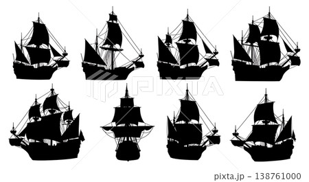 Black Solid Mayflower Ship Silhouettes Set of Six on White Background Black Solid Mayflower Ship Silhouettes Set of Six on White Background 138761000