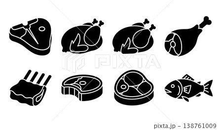 Black Solid Meat Silhouettes Set of Six on White Background 138761009
