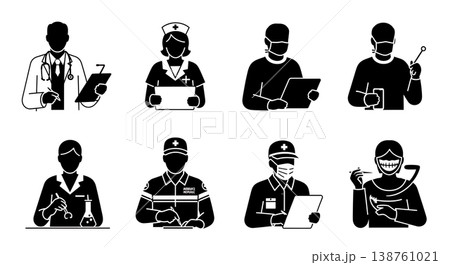 Black Solid Medical Healthcare Silhouettes Set of Six on White Background Black Solid Medical Healthcare Silhouettes Set of Six on White Background 138761021