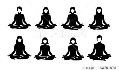 Black Solid Meditating People Silhouettes Set of Six on White Background Black Solid Meditating People Silhouettes Set of Six on White Background 138761078