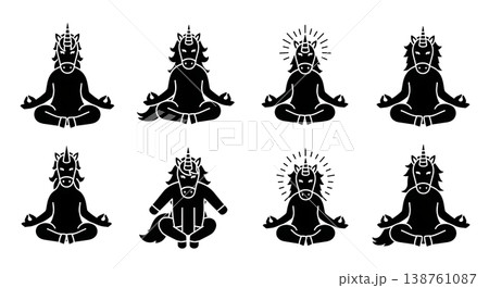 Black Solid Meditative Unicorn Silhouettes Set of Six on White Background 138761087