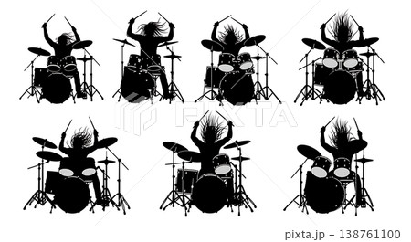 Black Solid Metal Drummer Silhouettes Set of Six on White Background Black Solid Metal Drummer Silhouettes Set of Six on White Background 138761100