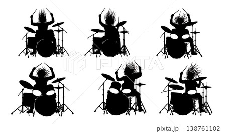 Black Solid Metal Drummer Silhouettes Set of Six on White Background 138761102