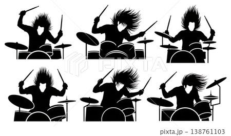 Black Solid Metal Drummer Silhouettes Set of Six on White Background Black Solid Metal Drummer Silhouettes Set of Six on White Background 138761103