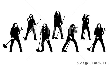 Black Solid Heavy Metal Singer Silhouettes Set of Six on White Background 138761110