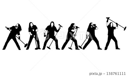 Black Solid Heavy Metal Singer Silhouettes Set of Six on White Background 138761111