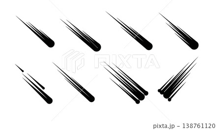 Black Solid Meteor Shower Streak Silhouettes Set of Six on White Background 138761120