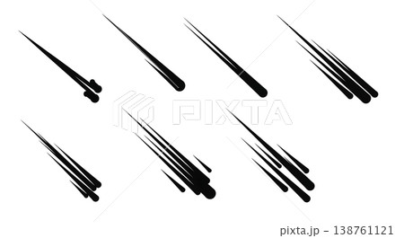Black Solid Meteor Shower Streak Silhouettes Set of Six on White Background Black Solid Meteor Shower Streak Silhouettes Set of Six on White Background 138761121