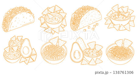 Simplified collection of popular Mexican dishes featuring crunchy tacos, flavorful nachos, and creamy guacamole with avocado slices 138761306