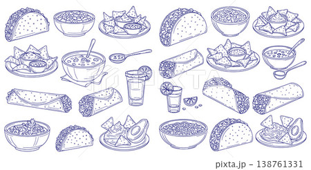 Variety of hand drawn Mexican food dishes featuring tacos, burritos, nachos, guacamole, and savory chili bowls 138761331