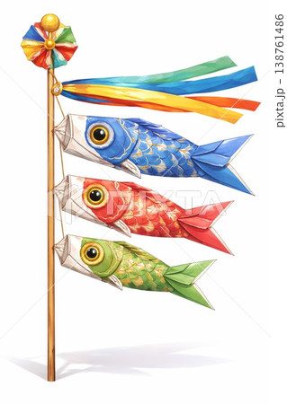 5月の爽やかな季節に色とりどりの鯉のぼりが青空を元気に泳いでいるお祝いの和風イラスト。 138761486