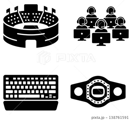 Collection of sports stadium, customer support team, computer keyboard, and championship belt symbols 138761591