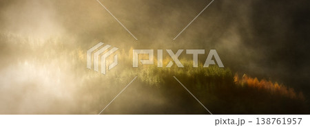 Golden light illuminates a misty forest. Trees with autumn colors glow in the atmospheric haze, offering a tranquil and blurred natural vista. 138761957