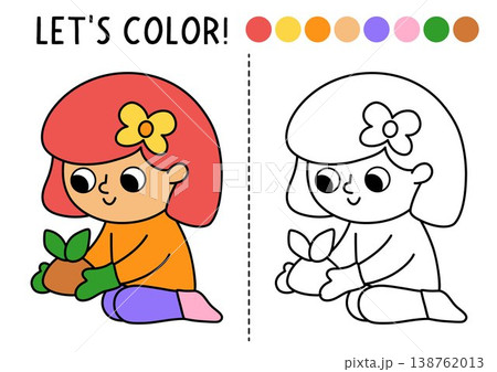 Garden coloring page for children with cute girl planting seedling. Vector spring outline illustration. Color book for kids with colored example. Drawing skills printable worksheet 138762013