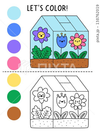 Garden coloring page for children with cute flowers growing in greenhouse. Vector spring outline illustration. Color book for kids with colored example. Drawing skills printable worksheet 138762019