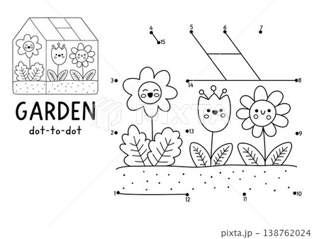 Vector garden dot-to-dot and color activity with smiling flowers growing in the greenhouse. Black and white spring connect the dots game. Line printable worksheet with cute plants 138762024