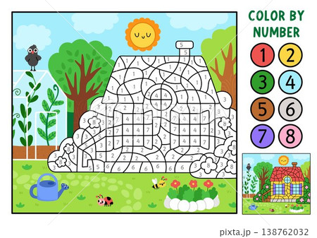 Vector garden color by number activity with country house, greenhouse. Spring black and white colouring game. Cute coloring page for kids with rural scene. Line printable worksheet 138762032