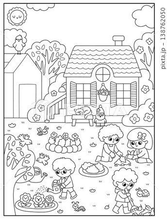 Vector black and white spring garden landscape. Rural nature line scene with country house, greenhouse, birds, trees, working kids gardeners. Horizontal background, book cover 138762050
