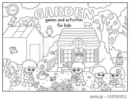 Vector black and white spring garden landscape. Rural nature line scene with country house, greenhouse, birds, trees, working kids gardeners. Horizontal background, book cover 138762051