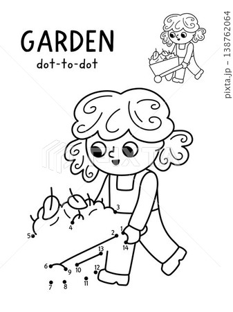 Vector garden dot-to-dot and color activity with girl pushing wheelbarrow with leaves. Black and white spring connect the dots game with kid gardener doing gardening work. Line printable worksheet 138762064