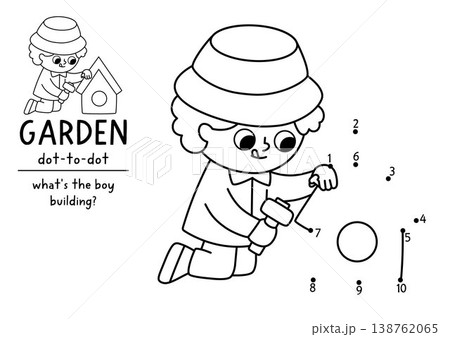Vector garden dot-to-dot and color activity with cute boy building birdhouse. Black and white spring connect the dots game with kid gardener doing gardening work. Line printable worksheet Vector garden dot-to-dot and color activity with cute boy building birdhouse. Black and white spring connect the dots game with kid gardener doing gardening work. Line printable worksheet 138762065