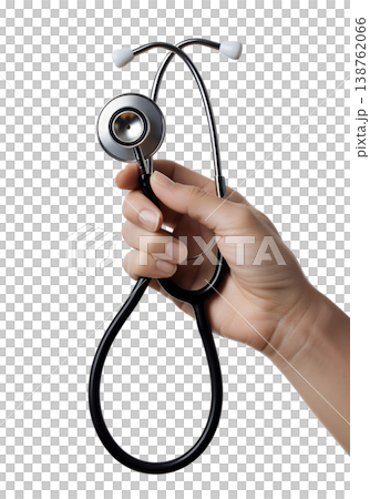 Hand holding a classic dual-head medical stethoscope with a silver chest piece and black tubing, representing auscultation and patient assessment 138762066