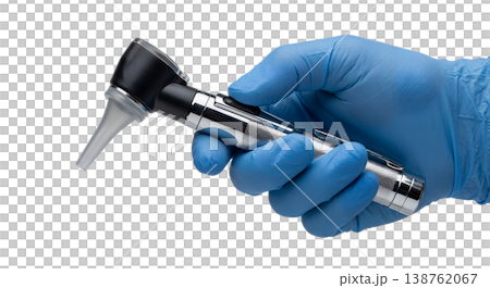 Gloved hand wearing a blue nitrile glove holding a medical otoscope with a speculum attachment, representing ear examination and clinical diagnostics Gloved hand wearing a blue nitrile glove holding a medical otoscope with a speculum attachment, representing ear examination and clinical diagnostics 138762067