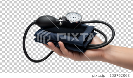 Hand holding a manual aneroid blood pressure monitor (sphygmomanometer) with a gauge and inflation bulb, representing hypertension screening and vital signs 138762068