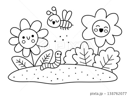 Vector black and white smiling flowers on bed with worm and bee icon. Line blooming plants growing on the ground illustration. Floral kawaii clipart. Cute summer, garden bloom coloring page 138762077