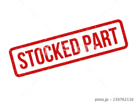 Red grunge rubber stamp indicating a stocked part is available for immediate use or processing in a commercial setting 138762116