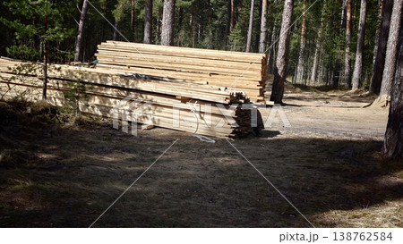 Timber stacked in a forest clearing under a clear sky on a sunny day Timber stacked in a forest clearing under a clear sky on a sunny day 138762584