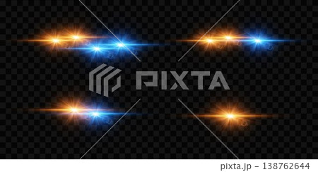 Optical lens flares with glowing blue and orange starbursts on transparent background Optical lens flares with glowing blue and orange starbursts on transparent background 138762644