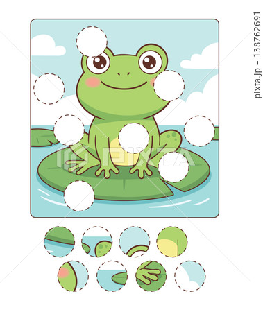 Cute frog puzzle for children with missing circle pieces. Find the Match. Spot it 138762691