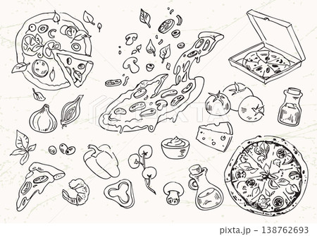 Hand-drawn pizza illustration set in clean line art style, ideal for menus, packaging, and food design 138762693